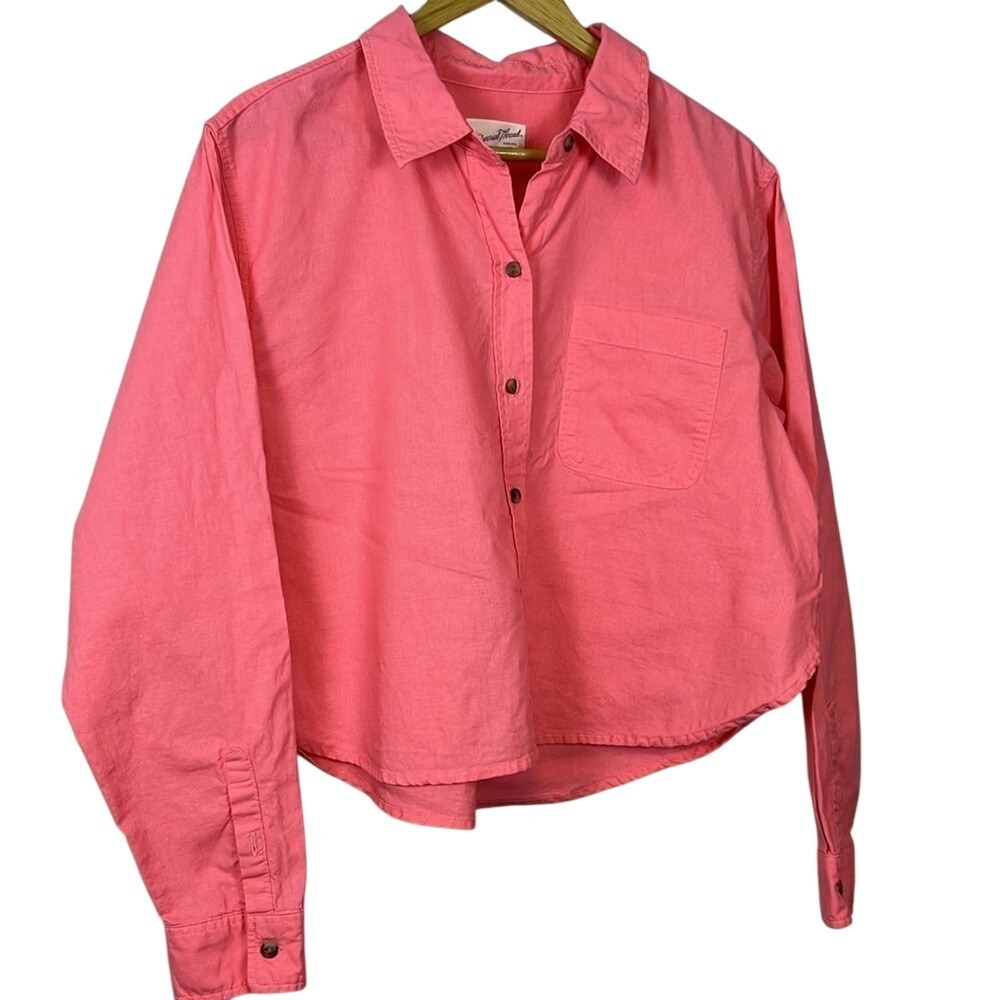 Universal Thread Womens Coral Pink Linen Blend Cropped Button Down Shirt Large - Picture 2 of 8
